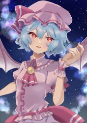 Rule 34 | 1girl, :d, ascot, bat wings, blue hair, collared shirt, commentary request, hat, highres, looking at viewer, looking to the side, mob cap, open mouth, outdoors, pink hat, pink shirt, red ascot, red eyes, remilia scarlet, shirt, short hair, short sleeves, sky, smile, solo, star (sky), starry sky, touhou, upper body, wings, wrist cuffs, yuma880