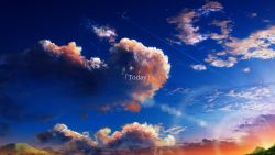 Rule 34 | aircraft, airplane, blue sky, cloud, cloudy sky, contrail, english text, highres, lens flare, no humans, outdoors, scenery, sky, sunlight, sunset, y y (ysk ygc)