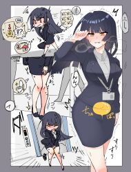Rule 34 | !?, 1girl, ^ ^, anger vein, annoyed, arm at side, arm up, between legs, black footwear, black hair, black jacket, black skirt, bladder, blunt bangs, blush, border, breasts, breath, clenched teeth, clock, closed eyes, closed mouth, collared shirt, comic, commentary request, elevator, embarrassed, emphasis lines, formal, grey border, grey shirt, half-closed eyes, hand between legs, have to pee, highres, hime cut, jacket, knees together feet apart, legs, long hair, long sleeves, medium breasts, miniskirt, motion lines, multiple views, name tag, nose blush, office lady, open mouth, orange eyes, original, outside border, own hands together, pee, peeing, peeing self, pencil skirt, shirt, shoes, sidelocks, skirt, skirt suit, speech bubble, standing, suigyoku hiren, suit, sweat, teeth, thighs, toilet, translation request, trembling, v arms, walking, wavy mouth, x-ray