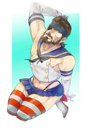 Rule 34 | 1boy, absurdres, beard, big boss, blue eyes, brown hair, cosplay, crossdressing, crossover, elbow gloves, eyepatch, facial hair, gloves, headband, highleg, highleg panties, highres, ikuyoan, kantai collection, male focus, metal gear (series), metal gear solid, monochrome, panties, shimakaze (kancolle), shimakaze (kancolle) (cosplay), skirt, solo, striped clothes, striped thighhighs, thighhighs, underwear