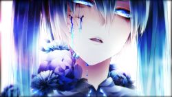 Rule 34 | 1055, 1girl, blood, blood drip, blood on face, blood on flower, blue blood, blue eyes, blue flower, blue hair, blue rose, blue theme, collared shirt, commentary request, cracked skin, flower, glowing, hair between eyes, hatsune miku, highres, looking at viewer, open mouth, portrait, rose, shade, shirt, sidelocks, solo, twintails, virtual youtuber, vocaloid, white background