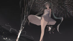 Rule 34 | 1girl, absurdres, aqua eyes, aqua hair, aqua ribbon, arms behind back, bare arms, bare legs, bare shoulders, breasts, closed mouth, collarbone, da (datako), dress, fireworks, hair ribbon, hatsune miku, highres, light smile, long hair, looking at viewer, medium breasts, night, night sky, outdoors, ribbon, scenery, sky, skyline, solo, standing, sundress, twintails, very long hair, vocaloid, white dress