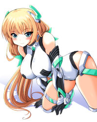 Rule 34 | 1girl, all fours, angela balzac, aqua eyes, armor, bare shoulders, black gloves, blonde hair, blue eyes, blunt bangs, blush, bodysuit, boots, breasts, chouzetsu yarou, covered navel, elbow gloves, female focus, from side, gloves, hair ornament, halterneck, hanging breasts, headgear, high heels, large breasts, leotard, light smile, long hair, looking at viewer, low twintails, mecha musume, rakuen tsuihou, shadow, simple background, smile, solo, thigh strap, turtleneck, twintails, vambraces, very long hair, white background