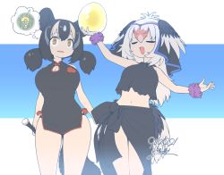 Rule 34 | 2girls, :d, animal ears, bare shoulders, black panties, blush, breasts, character request, china dress, chinese clothes, circlet, cleavage, dress, egg, hair between eyes, holding, kemono friends, multiple girls, navel, open mouth, ostrich (kemono friends), panties, smile, twintails, underwear, yoshida hideyuki