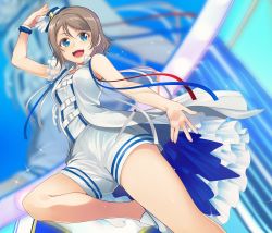 Rule 34 | 1girl, :d, arm up, blue eyes, blue ribbon, blurry, blurry background, chest belt, commentary request, grey hair, hat, highres, jacket, love live!, love live! school idol festival, love live! sunshine!!, nanotsuki, open mouth, red ribbon, ribbon, short hair, short sleeves, shorts, single sleeve, sleeveless, sleeveless jacket, smile, solo, sparkle, standing, standing on one leg, teeth, upper teeth only, watanabe you, white footwear, white jacket, white ribbon, white shorts