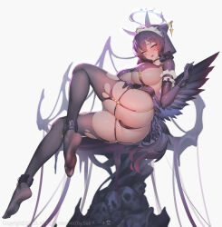 Rule 34 | 1girl, artist name, ass, black hair, black panties, black thighhighs, black wings, blue eyes, blush, breasts, coif, cuffs, facial mark, feathered wings, feet, furrowed brow, garter straps, hair between eyes, halo, highres, horns, large breasts, legs, long sleeves, looking at viewer, medium hair, mole, mole on thigh, no shoes, open mouth, original, panties, purple halo, purple horns, shrug (clothing), simple background, smile, soles, solo, suerte, thigh strap, thighhighs, thong, tiles, toes, torn clothes, torn thighhighs, twisted torso, underwear, white background, wings