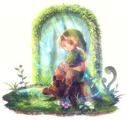 Rule 34 | 1boy, 1girl, belt, blonde hair, blue eyes, boots, fairy, fairy wings, flower, forest, grass, green tunic, instrument, link, nature, navi, nintendo, ocarina, phrygian cap, pointy ears, pond, poroi (poro586), smile, the legend of zelda, the legend of zelda: ocarina of time, tree stump, tunic, wings, young link