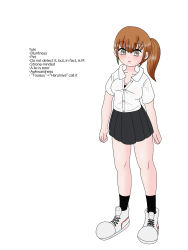 Rule 34 | 1girl, brown hair, character sheet, highres, long hair, nose, original, ponytail, school uniform, shoes, socks, solo, white background