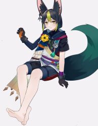 Rule 34 | 1boy, absurdres, animal ear fluff, animal ears, asymmetrical sleeves, axescr, bare legs, barefoot, black gloves, black hair, blunt ends, earrings, feet, flower, fox boy, fox ears, fox tail, genshin impact, gloves, green eyes, hair between eyes, highres, jewelry, looking at viewer, male focus, medal, multicolored hair, single earring, soles, solo, streaked hair, tail, tighnari (genshin impact), toenails, toes, white background, yellow flower