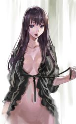 Rule 34 | 1girl, black hair, blush, bottomless, breasts, cherry, cleavage, food, food in mouth, fruit, large breasts, long hair, looking at viewer, navel, no bra, no panties, original, out-of-frame censoring, ran&#039;ou (tamago no kimi), robe, solo