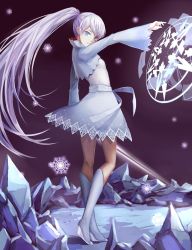 Rule 34 | 1girl, blue eyes, cryokinesis, dress, from side, full body, holding, holding sword, holding weapon, hongchajun, long hair, looking at viewer, magic circle, ponytail, rwby, solo, standing, sword, very long hair, weapon, wedge heels, weiss schnee, white dress, white hair