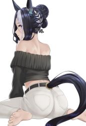 Rule 34 | 1girl, animal ears, artist name, ass, bare shoulders, barefoot, belt, black belt, black hair, black sweater, clothing cutout, commentary request, cropped sweater, dated, ear ornament, feet, from behind, hair bun, hair ornament, horse ears, horse girl, horse tail, looking at viewer, looking back, matuda (matudayazo), mejiro ramonu (umamusume), multicolored hair, pants, short hair, simple background, sitting, soles, solo, streaked hair, sweater, tail, tail through clothes, toes, umamusume, wariza, white background, white hair, white pants