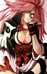 Rule 34 | 1girl, arc system works, baiken, breasts, cleavage, guilty gear, highres, large breasts, long hair, pink eyes, pink hair, shaded face