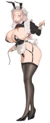 1girl animal_ears apron black_footwear black_garter_straps black_leotard black_thighhighs breasts commentary_request fake_animal_ears fake_tail full_body garter_straps high_heels highres huge_breasts leotard maid maid_apron maid_headdress nontraditional_playboy_bunny original pink_hair playboy_bunny purple_eyes rabbit_ears simple_background solo standing tail thighhighs throtem white_background wrist_cuffs