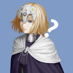 Rule 34 | 1girl, ?, armor, black cape, blonde hair, blue background, blue eyes, cape, capelet, ciel-nuage, closed mouth, controller, fate/grand order, fate (series), game controller, gorget, jeanne d&#039;arc (fate), jeanne d&#039;arc alter (fate), long hair, looking at viewer, nintendo 64 controller, pink lips, simple background, smile, solo, upper body, white capelet