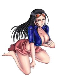 Rule 34 | 1girl, artist request, barefoot, bent over, black hair, blue eyes, breasts, cropped jacket, eyewear on head, kneeling, large breasts, leather vest, long hair, looking at viewer, midriff, miniskirt, nico robin, no bra, one piece, skirt, solo, sunglasses, thighs, transparent background