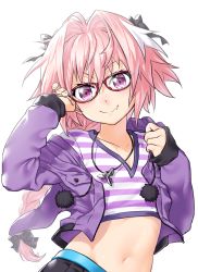 Rule 34 | 1boy, adjusting eyewear, astolfo (fate), astolfo (memories at trifas) (fate), bespectacled, black bow, black pants, black ribbon, bow, braid, breast pocket, closed mouth, collarbone, commentary request, crop top, fang, fang out, fate/apocrypha, fate (series), floating hair, glasses, hair between eyes, hair bow, hair intakes, hair ribbon, hand up, head tilt, highres, hood, hood down, hoodie, jewelry, long hair, long sleeves, looking at viewer, male focus, midriff, multicolored hair, navel, necklace, official alternate costume, onsoku inu, open clothes, open hoodie, pants, pink hair, pocket, pom pom (clothes), purple eyes, purple hoodie, purple shirt, red-framed eyewear, ribbon, shirt, sidelocks, simple background, single braid, sleeves past wrists, smile, solo, stomach, streaked hair, striped clothes, striped shirt, trap, v-neck, white background, white hair, white shirt