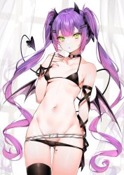 Rule 34 | 1girl, absurdres, bare shoulders, bikini, black bikini, black choker, black ribbon, black thighhighs, blush, breasts, choker, collarbone, demon girl, demon horns, demon tail, duplicate, ear piercing, gluteal fold, green eyes, groin, hair ornament, hair ribbon, hairclip, highres, hololive, horns, long hair, looking at viewer, medium breasts, multicolored hair, nail polish, navel, o-ring, o-ring choker, piercing, pink hair, pointy ears, purple hair, purple nails, ribbon, single thighhigh, skindentation, solo, stomach, streaked hair, swimsuit, tail, tail ornament, tail piercing, thighhighs, tokoyami towa, twintails, virtual youtuber, wrist ribbon, yellow nails, yukineko1018