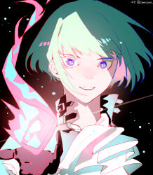Rule 34 | 1boy, absurdres, ascot, black background, black gloves, black jacket, fire, gloves, green fire, green hair, highres, jacket, light particles, lio fotia, male focus, outstretched hand, pink fire, promare, purple eyes, pyrokinesis, reaching, reaching towards viewer, short hair, short hair with long locks, sidelocks, simple background, smile, so-rann, solo, upper body, white ascot
