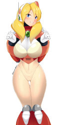 Rule 34 | 1girl, absurdres, alia (mega man), android, blonde hair, blue eyes, breasts, facing viewer, head tilt, headset, highres, huge breasts, long hair, mega man (series), mega man x (series), pussy, robot ears, simple background, smile, solo, uncensored, white background, z666ful