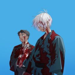 Rule 34 | 2boys, absurdres, belt, black hair, blood, blood from mouth, blood in hair, blood on clothes, blood on face, blue kimono, cigarette, collarbone, formal, gegege no kitarou, hair over one eye, hands in pockets, highres, japanese clothes, kimono, kitarou tanjou: gegege no nazo, looking ahead, looking to the side, male focus, medama oyaji, medama oyaji (human), mizuki (gegege no kitarou), multiple boys, necktie, obi, sash, scar, scar across eye, simple background, suit, tendot, white hair