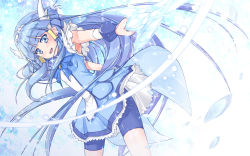 Rule 34 | 10s, 1girl, :d, aoki reika, bike shorts, blue eyes, blue hair, blue skirt, blue theme, crystal sword, cure beauty, dress, hair tubes, highres, holding, ice, long hair, looking at viewer, magical girl, matching hair/eyes, open mouth, outstretched arm, precure, shinohara shinome, skirt, smile, smile precure!, solo, sword, tiara, weapon, wrist cuffs