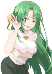 Rule 34 | 1girl, ;d, absurdres, arm under breasts, bare shoulders, black skirt, blush, breasts, commentary, green eyes, green hair, hair ribbon, hand up, highres, higurashi no naku koro ni, hitokuchi (gg chestnut), large breasts, long hair, looking at viewer, one eye closed, open mouth, parted bangs, pencil skirt, ribbed sweater, ribbon, simple background, skirt, sleeveless, sleeveless sweater, smile, solo, sonozaki shion, standing, sweater, teeth, upper teeth only, very long hair, waving, white background, white sweater, yellow ribbon