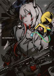 Rule 34 | 1girl, absurdres, assault rifle, banana (girls&#039; frontline), character name, girls&#039; frontline, gun, hair between eyes, headgear, highres, holding, holding gun, holding weapon, limited palette, long sleeves, looking at viewer, m4 carbine, m4 sopmod ii, m4 sopmod ii (girls&#039; frontline), m4 sopmod ii (mod3) (girls&#039; frontline), mechanical arms, medium hair, megaphone, non-humanoid robot, rifle, robot, tfnfe sach, upper body, weapon