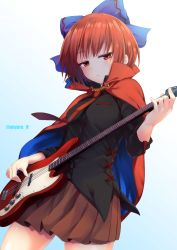 Rule 34 | 1girl, bad id, bad pixiv id, black shirt, blue background, blue bow, blush, bow, breasts, brown skirt, cape, closed mouth, commentary request, cowboy shot, electric guitar, expressionless, from below, gradient background, guitar, hair bow, half-closed eyes, high collar, instrument, long sleeves, looking at viewer, looking down, medium breasts, miniskirt, music, necktie, nnyara, playing instrument, pleated skirt, red cape, red eyes, red hair, red necktie, sekibanki, shirt, short hair, simple background, skirt, solo, standing, thighs, touhou, twitter username, white background