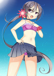 Rule 34 | 10s, 1girl, 2girls, :o, akebono (kancolle), bad id, bad pixiv id, bell, bikini, flower, gradient background, hair bell, hair flower, hair ornament, hand on own hip, hand on own chest, jingle bell, kankitsunabe (citrus), kantai collection, long hair, looking away, multiple girls, open mouth, purple eyes, purple hair, side ponytail, skirt, solo, swimsuit, very long hair