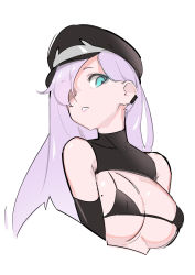 Rule 34 | 1girl, absurdres, bikini, black bikini, black hat, blue eyes, breasts, cropped torso, earclip, elbow gloves, gloves, hat, highres, large breasts, long hair, looking at viewer, micro bikini, milim nova, mole, mole on breast, one eye covered, original, parted lips, peaked cap, purple hair, simple background, solo, swimsuit, upper body, white background