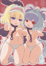Rule 34 | 2girls, 2others, ahoge, alice margatroid, animal ears, bdsm, blonde hair, blue eyes, breast press, breasts, chain, collar, commentary request, convenient censoring, cookie (touhou), frilled hairband, frills, full body, grey hair, hairband, halftone, highres, ichigo (cookie), kneeling, looking at viewer, medium breasts, metal collar, mouse ears, mouse girl, mouse tail, multiple girls, multiple others, nazrin, nyon (cookie), open mouth, panties, red background, red eyes, red hairband, short hair, slave, socks, symmetrical docking, tail, topless, touhou, tsuzuchii, underwear, white panties