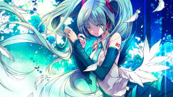 Rule 34 | 07touka25, 1girl, absurdly long hair, blue eyes, blue flower, blue hair, blue necktie, blue skirt, blue sleeves, collared shirt, detached sleeves, dress shirt, feathers, floating hair, flower, hair between eyes, hatsune miku, headphones, headset, highres, long hair, long sleeves, microphone, necktie, open mouth, pleated skirt, shirt, skirt, sleeveless, sleeveless shirt, solo, very long hair, vocaloid, white feathers, white shirt, wing collar