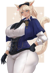 Rule 34 | animal ears, blonde hair, breasts, cat ears, cat girl, cat tail, cowboy shot, earrings, facial mark, final fantasy, final fantasy xiv, grey eyes, grin, highres, jewelry, large breasts, lips, looking at viewer, miqo&#039;te, nastart, pants, ponytail, shirt, slit pupils, smile, standing, tail, tail raised, thick thighs, thighs, white pants, white shirt, wide hips