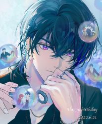 Rule 34 | 1boy, bead bracelet, beads, black hair, black shirt, bracelet, bubble, bubble pipe, collarbone, collared shirt, crossed bangs, crosshair pupils, dated, english text, facing viewer, hair over eyes, hand on own chin, hands up, happy birthday, head rest, highres, jewelry, laoyepo, looking at object, male focus, marius von hagen (tears of themis), necklace, partially unbuttoned, purple eyes, ring, rosa (tears of themis), shirt, short hair with long locks, sidelocks, solo, tears of themis, upper body