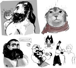 Rule 34 | 1girl, 2boys, affectionate, animalization, bara, beard, chilchuck tims, collage, commentary, cover them up slut (meme), cropped torso, deformed, dungeon meshi, dwarf, ears down, english commentary, facial hair, fake horns, from side, girl staring at guy&#039;s chest (meme), greyscale, hairymoths, helmet, highres, horned helmet, horns, hug, izutsumi, large pectorals, long beard, looking at another, looking at pectorals, male focus, mature male, meme, monochrome, multiple boys, muscle envy, muscular, muscular male, mustache, pectorals, senshi (dungeon meshi), thick mustache, unfinished, very long beard, yaoi
