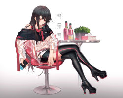Rule 34 | 1girl, absurdres, bare shoulders, black footwear, black hair, black shorts, black thighhighs, boots, bottle, chair, chinese text, closed mouth, commentary request, crossed legs, cup, drinking glass, fingernails, full body, gradient background, grey background, hair between eyes, handheld game console, high heel boots, high heels, highres, holding, holding handheld game console, jacket, koi han, long hair, long sleeves, looking at viewer, nail polish, nintendo switch, off shoulder, on chair, original, pink eyes, pink nails, plant, potted plant, see-through, short shorts, shorts, simplified chinese text, solo, table, thigh boots, thighhighs, tissue box, translation request, white background, white jacket