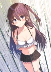 Rule 34 | 1girl, arms behind back, bag, black skirt, blue eyes, blush, breasts, cleavage, collarbone, commentary request, crop top, hair between eyes, hair ornament, halterneck, hand on own arm, highres, holding, holding bag, kukiha, long hair, looking at viewer, medium breasts, midriff, miniskirt, navel, one side up, open mouth, original, pleated skirt, purple hair, skirt, solo, standing, transparent bag