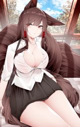 Rule 34 | 1girl, absurdres, akagi (azur lane), animal ears, azur lane, black skirt, blush, branch, breasts, brown hair, cleavage, closed mouth, collarbone, collared shirt, day, fox ears, fox tail, hair tubes, highres, indoors, large breasts, legs together, long hair, pleated skirt, red eyes, samip, shirt, sidelocks, sitting, skirt, tail, thighs, white shirt, window