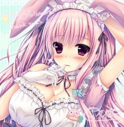 Rule 34 | animal ears, arm up, blush, breasts, cleavage, collar, commentary request, finger to mouth, gloves, hair between eyes, hair ribbon, heart, long hair, looking at viewer, maid headdress, medium breasts, name tag, original, otoha (unohana pochiko), pink hair, purple eyes, rabbit ears, ribbon, short sleeves, signature, unohana pochiko, white gloves