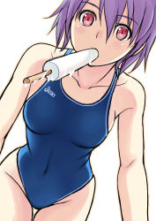Rule 34 | 1girl, asics, competition swimsuit, highres, kuri (kurigohan), looking at viewer, mouth hold, one-piece swimsuit, original, popsicle, purple hair, red eyes, short hair, simple background, solo, swimsuit