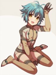 Rule 34 | 1girl, :d, antenna hair, between legs, black gloves, blue hair, blush, boots, brown footwear, chihiro (chihiro3399), commentary request, eiyuu densetsu, flat chest, full body, gloves, grey background, hair between eyes, hand between legs, hand up, happy, highres, leaning forward, long sleeves, looking at viewer, millium orion, open mouth, sen no kiseki, short hair, simple background, sitting, smile, solo, spiked hair, tareme, thigh boots, wariza, yellow eyes