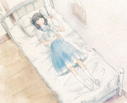 Rule 34 | bed, black hair, blue feathers, blue sailor collar, blue skirt, closed mouth, commentary request, feathers, full body, green neckerchief, hand up, hibike! euphonium, highres, holding, holding feather, kitauji high school uniform, kneehighs, liz to aoi tori, long hair, lying, neckerchief, on back, pillow, piroaki, red eyes, sailor collar, school uniform, shirt, short sleeves, skirt, socks, solo, white shirt, yoroizuka mizore