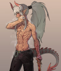 Rule 34 | 1boy, beige background, blood, blood on face, blood on hands, bloody weapon, blush, collarbone, commentary request, demon boy, demon horns, demon tail, grey background, highres, holding, holding weapon, horns, korean commentary, long hair, male focus, navel, nipples, original, pointy ears, ponytail, ranger squirrel, red eyes, ruby (nox), shiny skin, sidelocks, simple background, steaming body, tail, thigh strap, toned, toned male, topless male, trap, weapon, white hair, wiping face