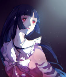 Rule 34 | 1girl, black hair, blunt bangs, bow, bowtie, hime cut, houraisan kaguya, looking up, moonlight, night, parted lips, red eyes, solo, tian (my dear), touhou