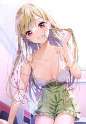 Rule 34 | 1girl, :d, absurdres, barbell piercing, bare shoulders, blonde hair, blush, breasts, camisole, cleavage, collarbone, covered erect nipples, dated, ear piercing, from below, green shorts, hand in own hair, high-waist shorts, highres, indoors, industrial piercing, kitagawa marin, large breasts, leaf print, long hair, looking at viewer, looking down, neki (wakiko), no bra, open mouth, parted lips, piercing, print shorts, purple eyes, shorts, signature, smile, sono bisque doll wa koi wo suru, strap slip, very long hair