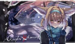 Rule 34 | 1girl, 80illu, absurdres, alternate costume, animal ears, arknights, blonde hair, blue hairband, blue scarf, blush, braid, braided hair rings, closed mouth, colored tips, commentary request, english text, fox ears, fox girl, hairband, highres, holding, holding umbrella, multicolored hair, plaid, plaid scarf, scarf, smile, solo, suzuran (arknights), transparent, transparent umbrella, twin braids, umbrella, white hair, yellow eyes