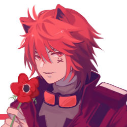 Rule 34 | 1boy, animal ears, arknights, chiave (arknights), chinese commentary, commentary request, facial mark, flower, fox ears, goggles, goggles around neck, grey shirt, hair between eyes, highres, holding, holding flower, jacket, male focus, red eyes, red flower, red hair, red jacket, shirt, short hair, simple background, solo, towne, upper body, white background