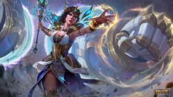 Rule 34 | 1girl, absurdres, black hair, blue eyes, bracelet, circlet, copyright name, dress, gaston aguilera, hera (smite), hera (smite) (battle queen), highres, holding, holding wand, jewelry, logo, long hair, looking at viewer, official alternate costume, sleeveless, smite, solo, wand