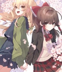 Rule 34 | 2girls, alternate costume, black jacket, blonde hair, blouse, blurry, blush, bow, bowtie, braid, branch, breasts, brown eyes, brown hair, buttons, cherry blossoms, closed mouth, collared jacket, collared shirt, commentary request, eyelashes, eyes visible through hair, flower, frills, from side, green bow, green jacket, grey shirt, grey skirt, grey vest, hair between eyes, hair bow, hair ornament, hair tubes, hakurei reimu, highres, holding hands, jacket, kirisame marisa, long sleeves, looking at viewer, looking away, medium breasts, mochizuki mochi, multiple girls, no headwear, open clothes, open jacket, open mouth, petals, pink flower, plaid, plaid skirt, pocket, puffy long sleeves, puffy sleeves, red bow, red bowtie, red skirt, ribbon, sailor collar, school uniform, shirt, short hair, simple background, single braid, skirt, smile, standing, tongue, touhou, tree, vest, white background, white ribbon, yellow eyes, yellow shirt